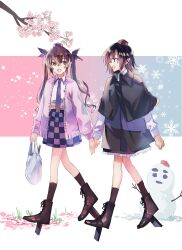  2girls absurdres alternate_costume black_capelet black_hair black_shoes black_skirt black_socks blue_background blue_sweater bow branch brown_hair capelet checkered_clothes checkered_skirt cherry_blossoms cherry_tree commentary_request cover cover_page doujin_cover falling_petals flower flower_request frilled_skirt frills geta gradient_background grass hair_bow hat highres himekaidou_hatate jacket long_hair long_sleeves multiple_girls necktie open_mouth petals pink_background pointy_ears purple_background purple_bow purple_hat purple_jacket purple_necktie purple_skirt red_eyes red_flower red_hat second-party_source shameimaru_aya shirt shoes short_hair skirt smile snow snowflakes snowman socks sweater tadano_kagekichi tengu-geta textless_version tokin_hat touhou twintails violet_eyes walking white_background white_shirt white_sleeves 