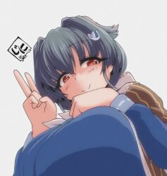  1girl artist_logo black_hair blue_shirt breasts brown_shawl from_below grey_background hair_flaps hair_ornament hair_ribbon jingei_(kancolle) jini_ya1 kantai_collection large_breasts logo long_hair looking_at_viewer lowres neckerchief red_eyes ribbon shawl shirt simple_background smile solo v whale_hair_ornament white_neckerchief 