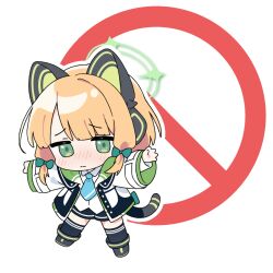  1girl animal_ear_headphones animal_ears black_boots black_jacket black_shorts black_thighhighs blonde_hair blue_archive blue_necktie blush boots bow cat_ear_headphones cat_ears cat_tail chibi chibi_only chinese_commentary closed_mouth collared_shirt commentary_request fake_animal_ears fake_tail full_body furrowed_brow green_bow green_eyes green_halo green_jacket hair_bow halo headphones jacket layered_sleeves long_sleeves looking_at_viewer low-tied_sidelocks midori_(blue_archive) multicolored_jacket necktie nose_blush open_clothes open_jacket outline outstretched_arms parted_bangs road_sign shirt shorts sidelocks sign solo spread_arms stop_sign tail thigh-highs torimew transparent_background white_jacket white_outline white_shirt 