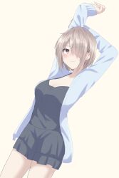  1girl absurdres arms_up black_dress breasts brown_hair closed_mouth commentary_request dress hair_ornament hair_over_one_eye hairpin heart heaven_burns_red highres kayamori_ruka looking_at_viewer medium_breasts one_eye_covered open_clothes puyopiku red_eyes short_hair simple_background stretching white_background 