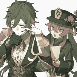  1boy 1girl 39_iduki bead_bracelet beads black_hat black_nails bracelet brown_hair chinese_clothes coattails commentary_request earrings eyeshadow flower formal_clothes genshin_impact gradient_hair hat hat_flower hat_tassel highres hu_tao_(genshin_impact) jewelry makeup multicolored_hair multiple_rings necktie plum_blossoms porkpie_hat ring single_earring tailcoat tassel tassel_earrings thumb_ring white_necktie zhongli_(genshin_impact) 