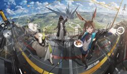  1boy 2girls :d absurdres against_railing amiya_(arknights) animal_ears aqua_eyes arknights arm_up ascot black_boots black_choker black_gloves black_jacket black_pantyhose blue_skirt blue_sky boots cake cake_slice cat_ears choker clouds commentary covered_face cup doctor_(arknights) dress drink drinking_glass english_commentary fisheye food gloves gradient_hair green_dress green_eyes hand_on_railing highres holding holding_drink holding_plate holding_umbrella hood hood_up infection_monitor_(arknights) jacket jewelry kal'tsit_(arknights) kieed landscape long_bangs long_hair looking_afar looking_at_viewer material_growth medium_hair multicolored_hair multiple_girls multiple_rings off_shoulder on_rooftop open_clothes open_jacket oripathy_lesion_(arknights) outdoors outstretched_arm outstretched_hand pantyhose plate purple_ascot rabbit_ears railing ring rooftop skirt sky smile standing studio_lights sweater toasting_(gesture) umbrella white_hair white_jacket white_sweater wide_shot 