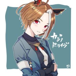  1girl ahoge animal_ears armband black_shirt blue_jacket blush breasts brown_hair casino_drive_(umamusume) commentary_request highres horse_ears horse_girl jacket jewelry long_sleeves looking_at_viewer multicolored_hair necktie open_clothes open_jacket panch4989new parted_lips red_eyes shirt short_hair solo streaked_hair umamusume upper_body white_armband white_necktie 