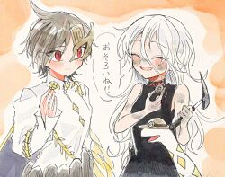  2girls animal asymmetrical_wings black_dress blush brown_hair brown_mask clothed_animal dirty_hands dress facing_another grey_hair hair_between_eyes half_mask hat holding itomugi-kun iwanaga_ariya long_hair long_hair_between_eyes long_sleeves looking_at_another mask mask_over_one_eye multiple_girls open_mouth red_eyes shirt short_hair skeletal_clothes skeletal_wings sleeveless sleeveless_dress smile snake speech_bubble stone_skirt touhou translation_request turtleneck turtleneck_dress white_shirt wings yuiman_asama 