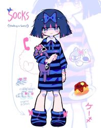  blue_bow blue_eyes blue_hair blue_ribbon bow bracelet cat food gun hair_bow handgun highres honekoneko_(psg) jewelry multicolored_hair non-web_source panty_&amp;_stocking_with_garterbelt phone pink_hair pink_streaks pudding ribbon shirt short_hair socks stocking_(psg) streaked_hair striped_clothes striped_shirt striped_socks stuffed_animal stuffed_cat stuffed_toy weapon 