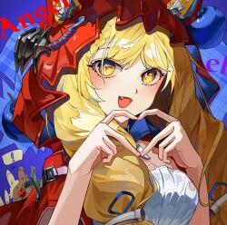  ! 1girl animal_ears apple arknights arknights:_endfield blonde_hair chinese_commentary commentary_request ears_through_headwear fang food fruit haorenai heart heart_hands highres hood hood_up long_hair looking_at_viewer open_mouth portrait rossi_(arknights) smile solo upper_body yellow_eyes 