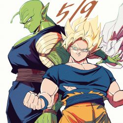  2boys alien antennae aqua_eyes bald blonde_hair blue_pants blue_sash blue_shirt brown_sash cape clenched_hand closed_mouth colored_skin commentary cowboy_shot crew_neck curtained_hair dated dragon_ball dragon_ball_z furrowed_brow goku_day green_skin highres large_pectorals living_(nsiring) looking_ahead male_focus medium_hair multiple_boys muscular muscular_male namekian orange_pants pants pectorals piccolo piccolo_day pointy_ears profile removing_cape sash shirt short_sleeves simple_background smile son_goku spiky_hair standing super_saiyan super_saiyan_1 torn_clothes torn_shirt unworn_cape waist_sash white_background white_cape wristband 