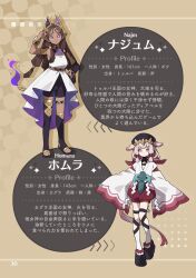  2girls absurdres adjusting_eyewear ancient_egyptian_clothes animal_ears armlet bike_shorts black_boots black_gloves black_hat black_shorts boots bracelet brown_hair cat_headgear character_name character_profile closed_mouth dark-skinned_female dark_skin dress elbow_gloves eyeliner facial_mark feather_hair fire forehead_mark full_body geta glasses gloves gold_armlet gold_bracelet hair_rings hand_on_own_hip hand_up hat highres homura_(pekaso1118n) japanese_clothes jewelry knee_boots kneehighs long_hair long_sidelocks looking_at_viewer makeup medium_hair multiple_expressions multiple_girls najm_(pekaso1118n) open-toe_boots original parted_hair pekaso1118n pink_eyes pink_hair platform_sandals red_eyeliner sandals shorts sidelocks single_glove single_knee_boot single_thigh_boot sleeveless sleeveless_tunic sleeves_past_fingers sleeves_past_wrists smile socks standing star-shaped_pupils star_(symbol) symbol-shaped_pupils thigh_boots thigh_strap toeless_legwear very_long_hair violet_eyes white_dress wide_sleeves 