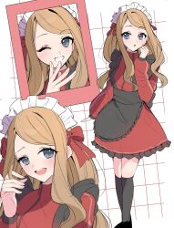  1girl apron black_apron blonde_hair blush commentary_request dress frilled_apron frills grey_eyes hair_ribbon highres long_hair looking_at_viewer maid maid_apron maid_headdress nii_(marimo_416) one_eye_closed open_mouth pokemon pokemon_x_and_y red_dress red_ribbon ribbon serena_(pokemon) smile socks unfinished 