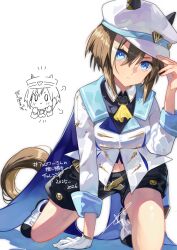  1girl animal_ears ascot black_shorts blue_cape blue_eyes breasts brown_hair cape cheval_grand_(grand_itineraire)_(umamusume) cheval_grand_(umamusume) closed_mouth commentary_request ear_covers ears_through_headwear gloves hair_between_eyes hat hat_belt highres horse_ears horse_girl horse_tail jacket looking_at_viewer madori_(sayuri5) medium_breasts midriff_peek multicolored_hair peaked_cap shoes shorts single_glove streaked_hair tail umamusume white_hair white_hat white_jacket yellow_ascot 