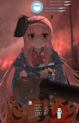  1girl absurdres bow bowtie breasts chinese_commentary chinese_text closed_mouth clouds cloudy_sky collared_shirt commentary_request fire gun hata_no_kokoro highres holding holding_gun holding_weapon iamszc juliet_sleeves long_hair long_sleeves looking_at_viewer mask mask_on_head medium_breasts orange_skirt outdoors pink_eyes pink_hair plaid_clothes plaid_shirt puffy_sleeves red_bow red_bowtie shirt skirt skirt_cutout sky solo touhou translation_request very_long_hair weapon weapon_request 