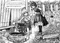  6+girls absurdres armor barefoot campfire cleaver commentary_request cooking detached_sleeves dress english_text fence firewood foliage forest geta grass greyscale hat highres holding holding_paper holding_spoon iizunamaru_megumu kneehighs knees leaf_print log long_hair long_sleeves looking_at_another maple_leaf_print monochrome multiple_girls nature nervous_sweating on_stool paper pauldrons sakata_nemuno shack shameimaru_aya shield shield_wall shirt short_sleeves shoulder_armor single_pauldron sitting skirt socks speech_bubble spoon stool sweat tengu-geta toenails toes tokin_hat touhou traditional_media tree useless-husky wok wolf_tengu_extra_(touhou) wooden_fence 