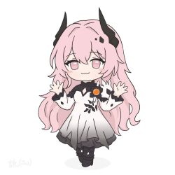  1girl arknights black_dress black_horns blush_stickers chibi chibi_only closed_mouth commentary commission dress english_commentary full_body hands_up horns ji_wan_2 light_smile long_hair long_sleeves no_nose pink_eyes pink_hair simple_background solo standing textless_version theresa_(arknights) very_long_hair white_background white_dress 