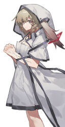  1girl absurdres animal_ears arknights body_markings brown_hair capelet chi_chi_(lofter_2016543390) chinese_commentary closed_mouth commentary_request cowboy_shot diamond-shaped_pupils diamond_(shape) dress feet_out_of_frame grey_eyes hair_between_eyes hierda_(arknights) highres hood hood_up interlocked_fingers looking_at_viewer lop_rabbit_ears own_hands_together rabbit_ears rabbit_girl short_dress short_hair simple_background smile solo standing symbol-shaped_pupils white_background white_capelet white_dress 