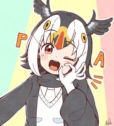  1girl ;d atlantic_puffin_(kemono_friends) black_hair black_jacket blue_background blush_stickers colorful_background commentary extra_ears hand_up head_wings highres jacket kemono_friends looking_at_viewer multicolored_hair necktie ok_sign one_eye_closed open_clothes open_jacket open_mouth pink_background rakugakiraid red_eyes short_hair signature smile solo sweater upper_body white_hair white_necktie white_sweater wings yellow_background 