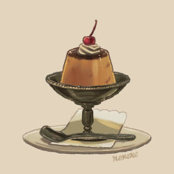  cherry commentary_request food food_focus fruit grey_background mememe_nano napkin no_humans original pudding simple_background spoon 