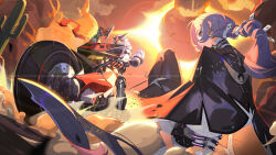  1boy 1girl absurdres arm_mounted_weapon bad_source billy_kid billy_kid_(starlight) black_pantyhose cape crescent crescent_earrings dust_cloud earrings eclipse from_behind gun highres holding holding_gun holding_weapon horns humanoid_robot jewelry key_visual long_hair looking_at_viewer looking_back low_ponytail motor_vehicle motorcycle official_art official_wallpaper on_motorcycle pantyhose ponytail promeia_(zenless_zone_zero) promotional_art purple_hair red_scarf revolver riding robot robot_boy scarf short_hair solar_eclipse violet_eyes weapon white_hair yellow_eyes zenless_zone_zero 