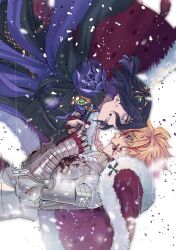 2boys absurdres ahoge armor black_hair blonde_hair blood blood_on_face braid braided_ponytail brothers cape colored_inner_hair crying fate/grand_order fate_(series) flower_ornament green_eyes hair_ornament highres john_lackland_(fate) long_hair medium_hair multicolored_hair multiple_boys n_lilili00 open_mouth purple_hair red_eyes red_streaks richard_i_(fate) siblings sideways single_braid smile streaked_hair turtleneck two-tone_hair upper_body white_background 