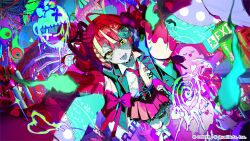  1girl :d ahoge artist_request black_jacket collared_shirt colored_skin commentary_request diamond-shaped_pupils diamond_(shape) double_bun gradient_eyes green_eyes grey_hair grey_skin hair_bun heterochromia highres hololive hololive_dreams hololive_indonesia jacket kureiji_ollie lapels miniskirt mismatched_pupils multicolored_eyes necktie notched_lapels official_alternate_costume official_art open_mouth patchwork_skin pink_hair pleated_skirt red_eyes red_hair red_necktie red_skirt school_uniform second-party_source shirt skirt smile solo stitched_face stitches symbol-shaped_pupils udin_(kureiji_ollie) virtual_youtuber white_shirt x-shaped_pupils yellow_eyes zombie 