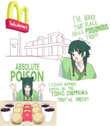  +_+ absolute_cinema_(meme) blue_eyes bow building burger cup disposable_cup english_text food french_fries green_hair green_kimono hair_ornament highres japanese_clothes kimono maomao_(kusuriya_no_hitorigoto) mcdonald's medium_hair meme multiple_views robarts_15(rob.arts_15) sparkling_eyes two_soyjaks_pointing_(meme) wcdonald's 