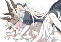  !? 2girls :t aged_down arknights black_dress black_hairband blonde_hair bow dragon_girl dragon_horns dragon_tail dress grabbing_another's_face green_eyes hairband hand_on_another's_cheek hand_on_another's_face head_grab highres horns incest isikishoku_akn long_hair looking_at_viewer multiple_girls necrass_(arknights) notice_lines open_mouth pinned print_hairband red_pupils reed_(arknights) rejection siblings simple_background sisters snowflake_print spoken_interrobang sweatdrop tail very_long_hair white_background white_bow white_dress yuri 