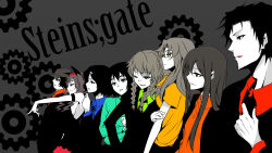  3boys 5girls artist_request black_eyes black_necktie black_suit blue_shirt breasts bright_pupils character_request closed_mouth collared_shirt dress frilled_dress frills glasses green_shirt grey_background hand_on_own_chin hat highres long_hair long_sleeves looking_to_the_side multiple_boys multiple_girls necktie one_eye_closed open_mouth orange_shirt pointing pointing_to_the_side red_shirt science_adventure shirt short_hair short_sleeves sideboob smile steins;gate suit white_pupils 