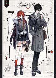  00c 1boy 1girl absurdres black_boots black_hair black_pants black_shoes black_skirt boots closed_mouth coat frilled_skirt frills full_body grey_coat grey_vest grid_background hand_in_pocket hand_up highres long_hair long_sleeves looking_at_viewer miniskirt original pants red_hair red_socks shirt shoes short_hair skirt socks standing vest white_background white_shirt 