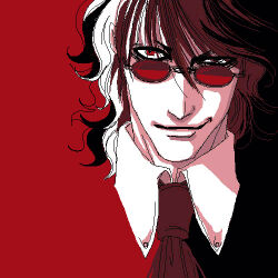  1boy alucard_(hellsing) ascot curly_hair hellsing lowres male_focus medium_hair oekaki portrait red-tinted_eyewear red_ascot red_background red_theme smile solo straight-on sunglasses tinted_eyewear toshimichi_yukari 
