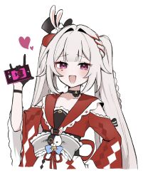  1girl :d black_choker black_gloves black_hat braid cellphone choker clothing_cutout commentary diamond_(shape) diamond_facial_mark enunu_7e facial_mark gloves grey_hair hand_on_own_hip hat hat_ornament heart heart_facial_mark highres holding holding_phone honkai:_star_rail honkai_(series) long_hair looking_at_viewer mini_hat mini_top_hat open_mouth phone rabbit_hat_ornament shoulder_cutout smartphone smile solo sparkle_(honkai:_star_rail) sparxie_(honkai:_star_rail) top_hat twintails violet_eyes 