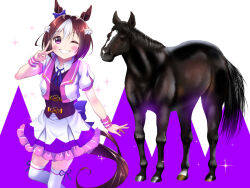  animal_ears blush bow braid breasts brown_hair collared_shirt commentary_request creature_and_personification ear_bow ear_ribbon grin half_up_braid horse horse_ears horse_girl horse_tail jacket looking_at_viewer multicolored_hair one_eye_closed open_mouth personification purple_bow purple_ribbon purple_vest real_life ribbon shirt short_hair short_sleeves skirt smile special_week_(racehorse) special_week_(special_dreamer)_(umamusume) special_week_(umamusume) sugimotty_nova tail teeth thigh-highs two-tone_hair umamusume v vest violet_eyes white_hair white_shirt white_skirt white_thighhighs wristband 