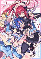  2boys animal_ear_hairband animal_ears apron bear_ear_hairband bear_ears black_garter_straps black_jacket black_nails black_skirt black_thighhighs blue_bow blue_hair blue_jacket blue_skirt bow cat_tail chest_harness closed_eyes commentary crossdressing crossdressing_(mtf) crying ensemble_stars! fake_animal_ears furrowed_brow garter_straps hair_between_eyes hairband hareyuu harness holding holding_knife hug jacket jersey_maid jewelry knife long_hair long_sleeves looking_at_another madoka_nozomi maid maid_apron maid_headdress male_focus multiple_boys open_mouth pink_bow pink_eyes pink_hair ponytail ring short_hair skirt tail thigh-highs tray tsuzura_chitose unconventional_maid 