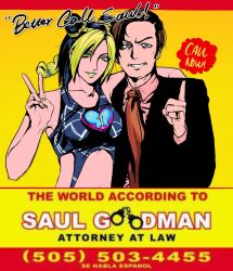  1boy 1girl 71ry6 better_call_saul braid braided_base breaking_bad commentary_request cone_hair_bun double_bun formal_clothes green_lips hair_bun highres jojo_no_kimyou_na_bouken korean_commentary kujo_jolyne multicolored_hair necktie saul_goodman stone_ocean suit two-tone_hair 