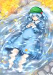  1girl autumn_leaves blue_eyes blue_hair floating hair_bobbles hair_ornament hands_together hat interlocked_fingers kawashiro_nitori long_sleeves looking_at_viewer lying moniringo on_back partially_submerged ripples short_hair smile solo sparkle touhou twintails 