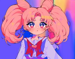  1girl bishoujo_senshi_sailor_moon blush chibi_usa commentary cone_hair_bun hair_bun long_sleeves neck_ribbon parted_bangs pink_hair red_ribbon ribbon sailor_collar savi_(byakushimc) sparkling_eyes triangle_mouth twintails 