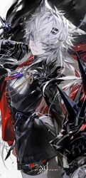  1girl absurdres animal_ears arknights black_gloves black_jacket blue_eyes blue_necktie commentary_request fang gloves grey_hair hair_between_eyes highres jacket korean_commentary lappland_(arknights) lappland_the_decadenza_(arknights) long_hair looking_at_viewer multicolored_necktie necktie open_clothes open_jacket open_mouth red_necktie shirt shycocoa solo tail white_shirt wolf_ears wolf_girl wolf_tail 