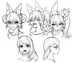 1girl animal_ear_fluff closed_eyes closed_mouth cropped_shoulders earrings fangs fate/grand_order fate_(series) jewelry koyanskaya_(fate) long_hair looking_at_viewer looking_to_the_side monochrome multiple_expressions multiple_views official_alternate_hairstyle onikudaisuki_x portrait profile rectangular_eyewear sideways_glance smile sweatdrop 