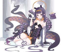  1girl absurdres bare_shoulders black_collar black_dress black_gloves blunt_bangs breasts center-flap_bangs clothing_cutout collar commentary cutout_above_navel detached_sleeves diamond_hairband dress feathered_wings fur-trimmed_collar fur_trim gloves gradient_hair half_gloves halo hand_up highres holding_own_hair hololive hololive_english long_hair looking_at_viewer low_wings mole mole_under_eye multicolored_hair ninomae_ina'nis ninomae_ina'nis_(1st_costume) open_mouth orange_hair pointy_ears purple_hair short_dress single_detached_sleeve single_thighhigh sitting sleeveless sleeveless_dress small_breasts solo straight_hair strapless strapless_dress tabi takodachi_(ninomae_ina'nis) tentacle_hair tentacles thigh-highs very_long_hair violet_eyes virtual_youtuber white_sleeves white_thighhighs wings yokozuwari yomi_46neko 