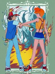  1boy 1girl aihara-rina ash_ketchum bare_legs bare_shoulders baseball_cap black_hair blue_jacket blue_pants blue_shorts commentary_request crop_top denim fingerless_gloves fire from_side full_body gloves green_gloves hat high_side_ponytail highres holding holding_poke_ball jacket jeans legs looking_at_another misty_(pokemon) orange_hair outstretched_arm pants poke_ball poke_ball_(basic) pokemon pokemon_(anime) pokemon_(classic_anime) profile shoes short_hair short_shorts shorts side_ponytail sneakers standing suspenders tank_top water yellow_tank_top 