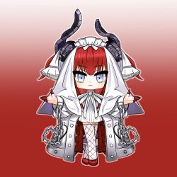  1girl chain chibi dragon_horns elizabeth_bathory_(fate) elizabeth_of_the_end_(fate) fate/grand_order fate_(series) finger_cots fishnets full_body horns iron_maiden long_hair looking_at_viewer outstretched_arms particle_pfli red_hair solo spread_arms veil white_eyes 