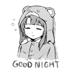  1girl animal_costume asymmetrical_hair bear_costume closed_eyes english_text greyscale hair_ornament hairclip highres iwakura_lain monochrome open_mouth sano_(snsk3470) serial_experiments_lain short_hair simple_background single_sidelock sleeping solo squeans white_background x_hair_ornament 