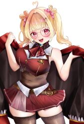  1girl absurdres ahoge coat cosplay happy highres honnoshioriii houshou_marine indie_virtual_youtuber miniskirt original red_eyes red_skirt shyfruits skirt thick_thighs thigh-highs thighs twintails virtual_youtuber 
