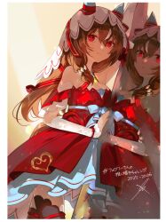  1girl animal_ears black_thighhighs blush breasts brown_hair commentary_request detached_sleeves different_reflection dress ear_covers ear_ribbon glowing glowing_eyes hair_between_eyes hair_ornament highres horse_ears horse_girl horse_tail long_hair looking_at_viewer madori_(sayuri5) mirror multicolored_hair red_dress red_eyes red_ribbon reflection ribbon simple_background small_breasts smile solo still_in_love_(scarlet_vow_raiment)_(umamusume) still_in_love_(umamusume) streaked_hair tail thigh-highs translation_request umamusume veil white_streaks white_veil 