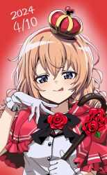  1girl absurdres black_bow black_bowtie bow bowtie breasts cane capelet commentary_request crown dated flower gloves gochuumon_wa_usagi_desu_ka? gradient_background hairband highres holding holding_cane hoto_cocoa licking_lips medium_breasts mini_crown naughty_face nekonyan_(inaba31415) orange_hair raised_eyebrows red_background red_capelet red_flower red_hairband red_rose rose solo tongue tongue_out violet_eyes white_gloves 