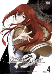  1girl anime_coloring arm_belt belt black_pantyhose black_shorts breasts brown_jacket collared_shirt cover dvd_cover dvd_logo gears hair_between_eyes hair_over_shoulder jacket jacket_partially_removed leather_belt logo looking_back makise_kurisu necktie official_art outstretched_arm pantyhose purple_trim reaching reaching_towards_viewer red_hair red_necktie ringed_eyes science_adventure shirt shorts small_breasts smile solo steins;gate steins;gate_0 violet_eyes white_belt white_shirt 