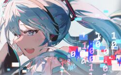  1girl blue_eyes blue_hair blue_necktie blush commentary detached_sleeves from_side glitch hair_ornament hairband hatsune_miku highres light_particles looking_ahead miku_day miya_(ikanyaide) necktie open_mouth signature simple_background single_bare_shoulder smile solo teeth twintails vocaloid wide_sleeves 