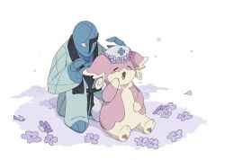  :d audino avocado_539 belt black_belt blue_skin bright_pupils colored_skin flower full_body hat highres looking_at_another nurse_cap open_mouth pawpads pokemon pokemon_(creature) pokemon_focus purple_flower sawk simple_background sitting smile white_background white_pupils 