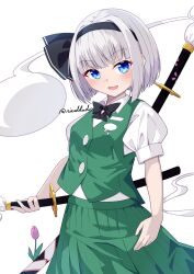  1girl black_bow black_bowtie black_hairband blue_eyes bow bowtie collared_shirt commentary_request flower green_skirt green_vest grey_hair hairband highres hitodama hitodama_print katana konpaku_youmu konpaku_youmu_(ghost) looking_at_viewer pink_flower pleated_skirt puffy_short_sleeves puffy_sleeves rital sheath sheathed shirt short_sleeves simple_background skirt skirt_set solo sword sword_on_back touhou twitter_username vest weapon weapon_on_back white_background white_shirt 