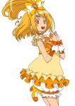  1girl blonde_hair boots bubble_skirt choker dress eyelashes frills hair_ornament hair_ribbon happy heart high_heels kyonu777 looking_at_viewer magical_girl open_mouth original precure puffy_cheeks ribbon shirt short_hair simple_background smile solo white_background wrist_cuffs yellow_dress yellow_eyes 