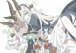  !? 1boy 4girls :3 :t aged_down animal_ears arknights black_dress black_hairband black_vest blonde_hair blue_hair bow braid brown_hair cat_ears cat_girl covering_another's_eyes dragon_girl dragon_horns dragon_tail dress grabbing_another's_face green_eyes green_hair hairband hand_on_another's_cheek hand_on_another's_face harmonie_(arknights) hat head_grab highres holding holding_scepter horns incest isikishoku_akn long_hair looking_at_viewer morpheus_(arknights) multiple_girls necrass_(arknights) notice_lines open_mouth periandros_(arknights) pinned print_hairband rectangular_mouth reed_(arknights) rejection scepter siblings simple_background sisters snowflake_print spoken_interrobang sweatdrop tail taking_picture very_long_hair vest white_background white_bow white_dress witch_hat yuri 