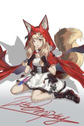  1girl absurdres animal_ear_fluff animal_ears arknights arknights:_endfield black_boots black_gloves blonde_hair boots cape commentary_request dress ears_through_headwear fingerless_gloves full_body gloves hands_up highres hood hood_up long_hair looking_at_viewer low-tied_sidelocks open_mouth red_cape rossi_(arknights) scar scar_across_eye scar_on_face sidelocks sitting solo sqkysama02 tail wariza white_background white_dress wolf_ears wolf_girl wolf_tail yellow_eyes 